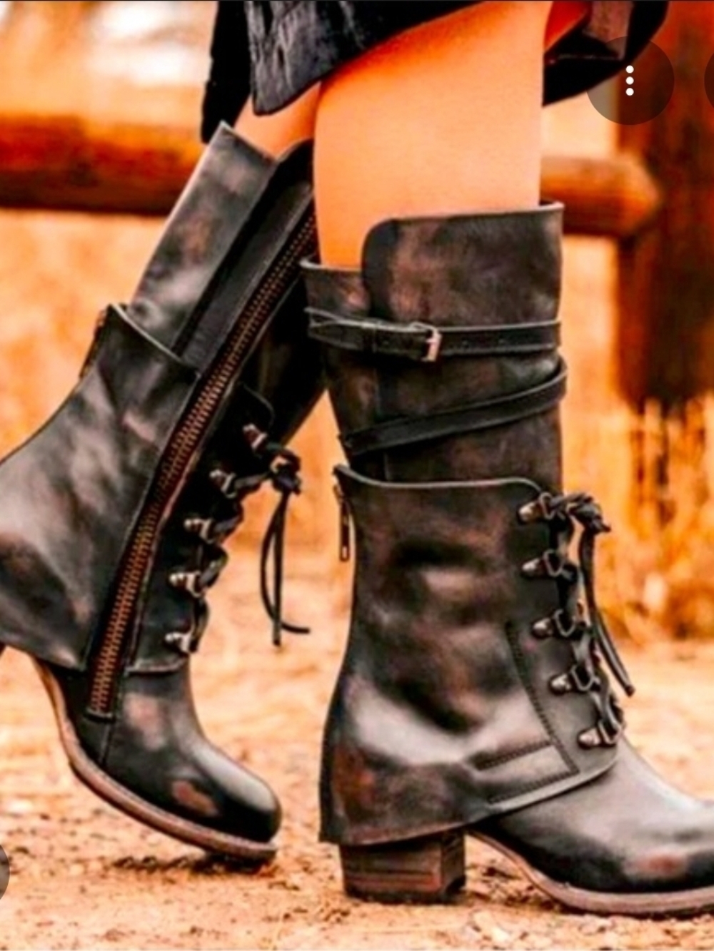 Freebird by Steven Black Lace-Up Mid-Calf Boots with Side Zip & Buckle